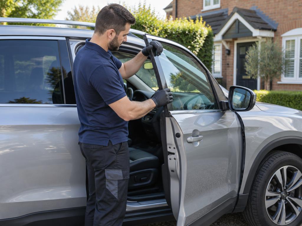 Specialist technician replacing a car door side window