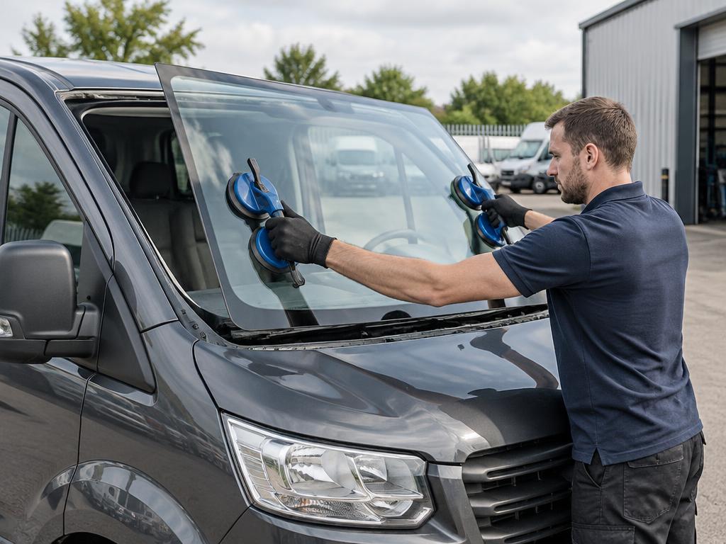 Experienced mobile auto glass technician replacing a van windscreen